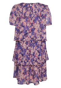 Vestito a strati con motivo floreale in tonalità di viola, rosa e beige. Tessuto morbido con maniche corte e dettaglio a chiave sulla schiena.