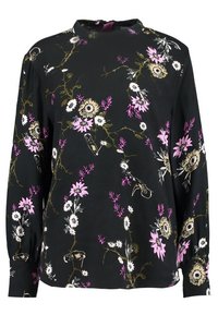 Blouse noire à manches longues avec des motifs floraux en blanc, rose et or. Col haut avec des poignets froncés, fabriquée en tissu léger.