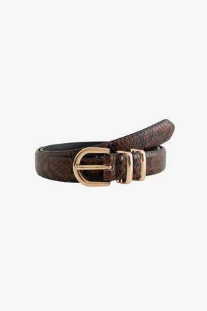 Bruine leren riem met slangenprint, voorzien van een dubbele gesp in goudkleur, slank ontwerp, gladde textuur en verfijnde details op het oppervlak.