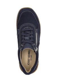 Marineblaue Freizeitschuhe mit Obermaterial aus Wildleder, Schnür- und Reißverschluss, gestickten Details und einer hellbraunen Gummisohle. Das Innere verfügt über einen Logotext.