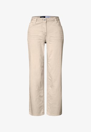 Beige wide-leg trousers made of cotton blend, featuring front pockets and a button closure. Smooth texture with subtle stitching details.