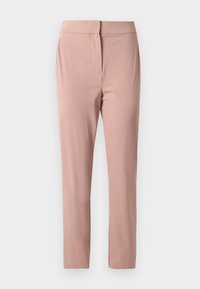 Pantaloni slim-fit a vita alta, di colore rosa pallido, con chiusura frontale nascosta, realizzati in un tessuto morbido e leggero.