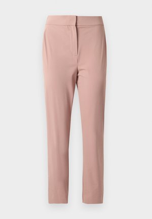 Pantalons ajustés, taille haute, rose pâle avec une fermeture frontale dissimulée, confectionnés en tissu lisse et léger.