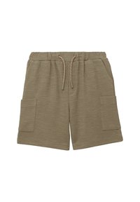 Lichtbruine cargoshorts van een gestructureerde stof, met een elastische tailleband met trekkoord en twee zijzakken.
