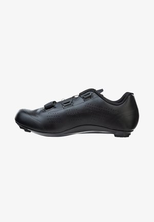 Sort cykelsko med et elegant design, perforeret tekstur, tre justerbare stropper og en holdbar sål for optimal greb.