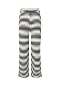 Gestreifte Hosen in Schwarz und Weiß mit weitem Bein, hoher Taille und glatter Textur, die ein konsistentes Muster aus horizontalen Linien aufweist.