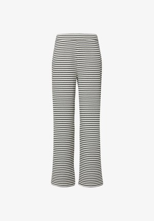 Gestreepte broek in zwart en wit, met een wijd been ontwerp, hoge taille en een gladde textuur met een consistent patroon van horizontale lijnen.
