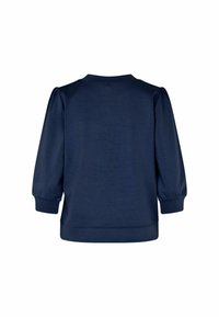 Pullover blu navy con scollatura rotonda, maniche lunghe a puffy e polsini a coste. Texture liscia senza motivi o dettagli visibili.