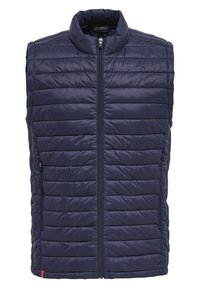 Mörkblå pufferväst med vertikal quiltad mönster, hög krage, framzip och sidofickor med dragkedja. Lättvikts syntetiskt material.