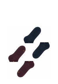 Deux paires de chaussettes basses : une marine avec des accents jaunes et une bordeaux avec des accents orange, disposées sur un fond blanc.