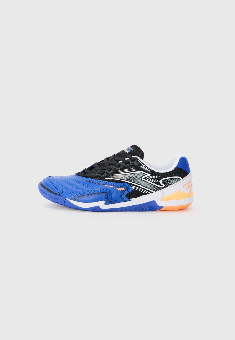 Blue athletic shoe with black accents, featuring a textured design, lace-up closure, and an orange detail on the sole.