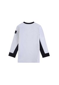 T-shirt a maniche lunghe in bianco con accenti blu navy. Presenta un colletto rotondo e maniche blu navy a contrasto. Realizzato in morbido tessuto jersey di cotone.