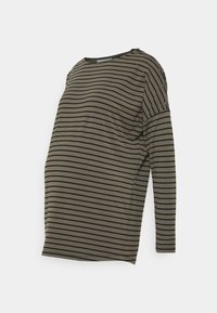 Camisola de maternidade em verde oliváceo com riscas pretas. Apresenta mangas longas, um corte descontraído e um detalhe de mola no ombro para facilitar o uso.