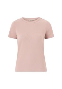 T-shirt z krótkim rękawem w miękkim różowym prążkowanym materiale. Posiada okrągły dekolt i dopasowany krój. Prosty design bez widocznych wzorów czy akcentów.