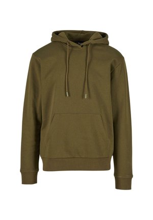 Olivinės spalvos džemperis su minkšta medžiaga, savyje turintis priekinę kišenę, reguliuojamas raišteles ir raukiniais apdirbtus rankogalius bei apatinę dalį.