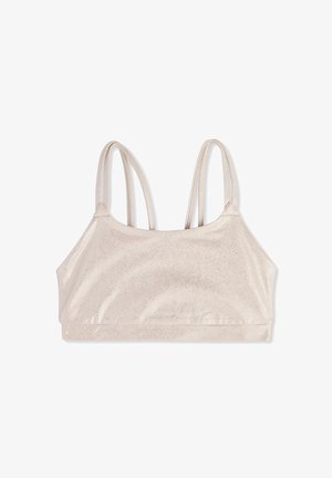 Bralette color beige chiaro con una texture liscia e lucida, caratterizzato da spalline sottili e un design semplice e senza cuciture. Nessuna ferramenta o motivo visibile.