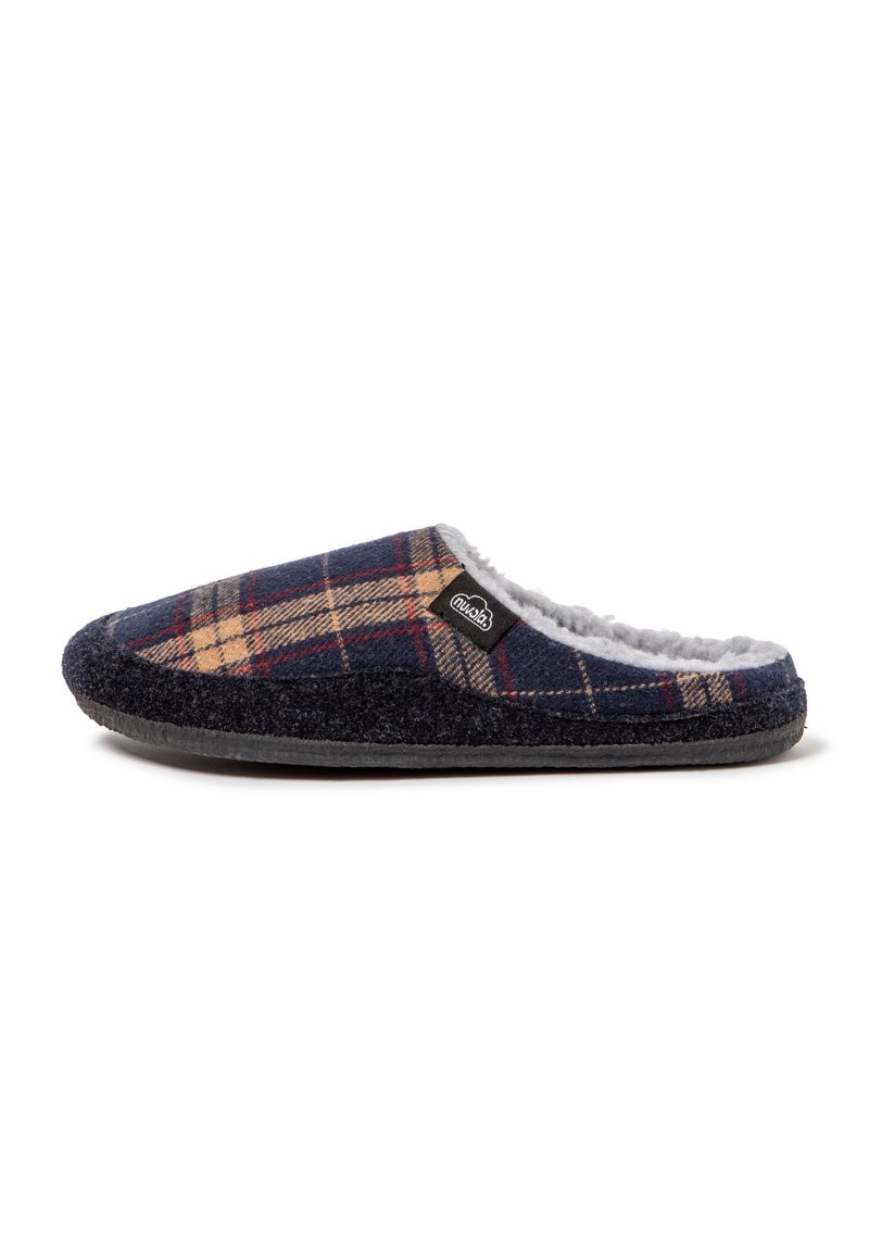 Zapatilla a cuadros que combina tonos de azul marino oscuro y beige, con un forro suave y peludo, una suela de goma y una sutil etiqueta de marca en el lateral.