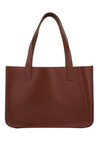 Rjava usnjena torba tote z dvema ravnima ročajema, pravokotne oblike, gladke teksture in minimalnimi detajli šivov. Brez vidnih zapiranj ali okraskov.