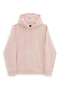 Lichtroze hoodie gemaakt van een zachte stof, met een voorzak, capuchon met koord en een geborduurd Vans-logo op de borst.