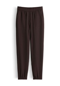 Donkerbruine joggerbroek met elastische taille, zijzakken en elastische boorden, weergegeven tegen een witte achtergrond.