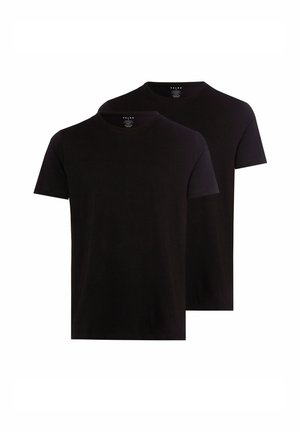 Zwei schwarze Baumwoll-T-Shirts mit kurzen Ärmeln und runden Ausschnitten, die ein simples Design und eine glatte Textur aufweisen.