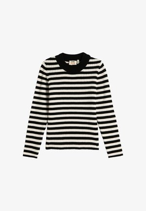 Schwarz-weißer, horizontal gestreifter, gerippter Langarmpullover mit einem einfarbigen schwarzen Rundhalsausschnitt.