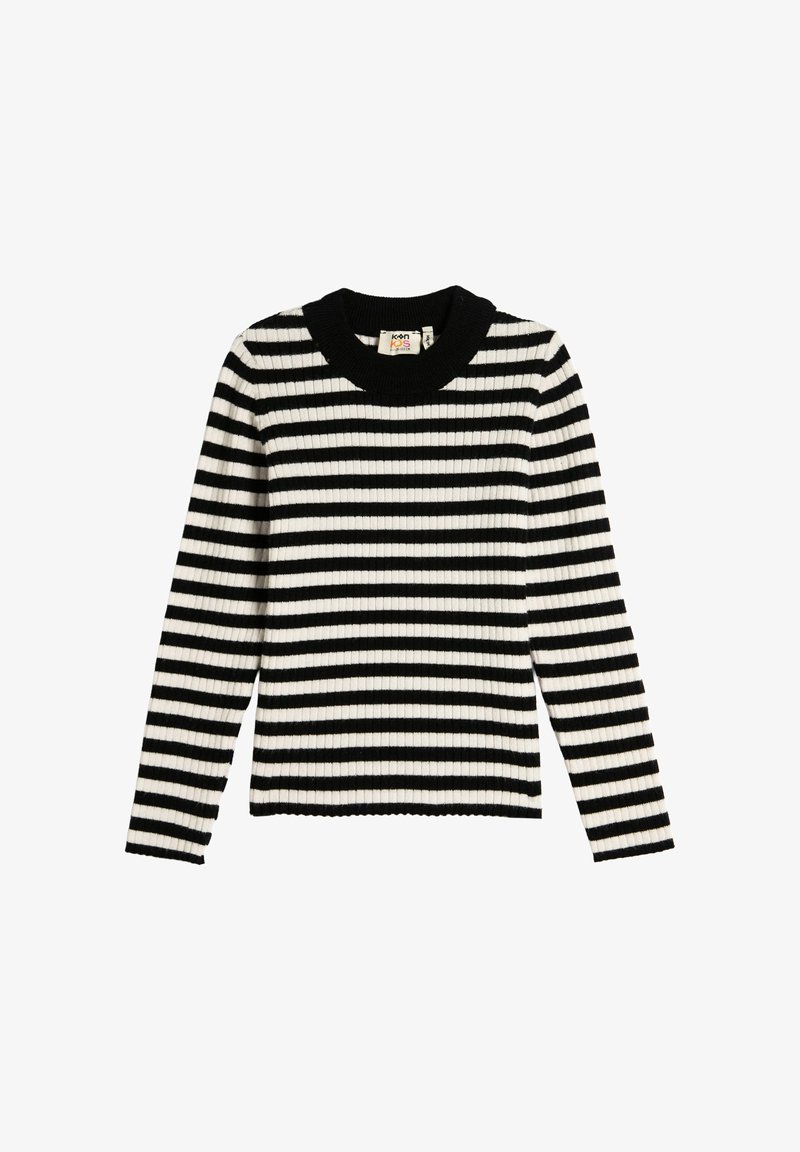 Schwarz-weißer, horizontal gestreifter, gerippter Langarmpullover mit einem einfarbigen schwarzen Rundhalsausschnitt.