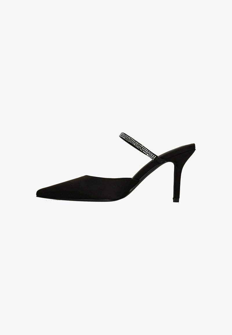 Black pointed-toe slingback heels with a glossy finish, featuring a thin ankle strap adorned with rhinestones and a stiletto heel.