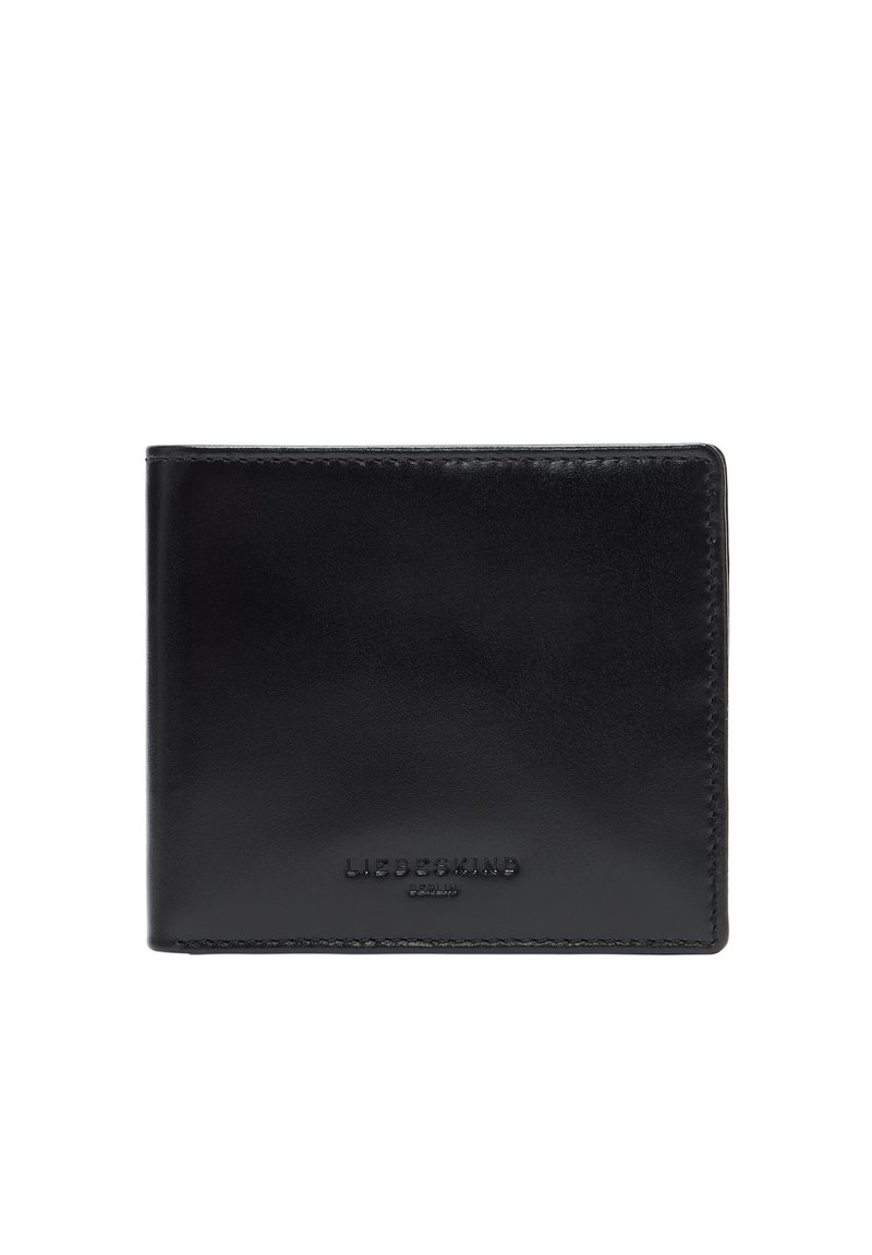 Schwarze Lederbrieftasche mit glatter Textur, Bi-Fold-Design, geprägt auf der Vorderseite mit Logo und sauberer Naht entlang der Kanten.