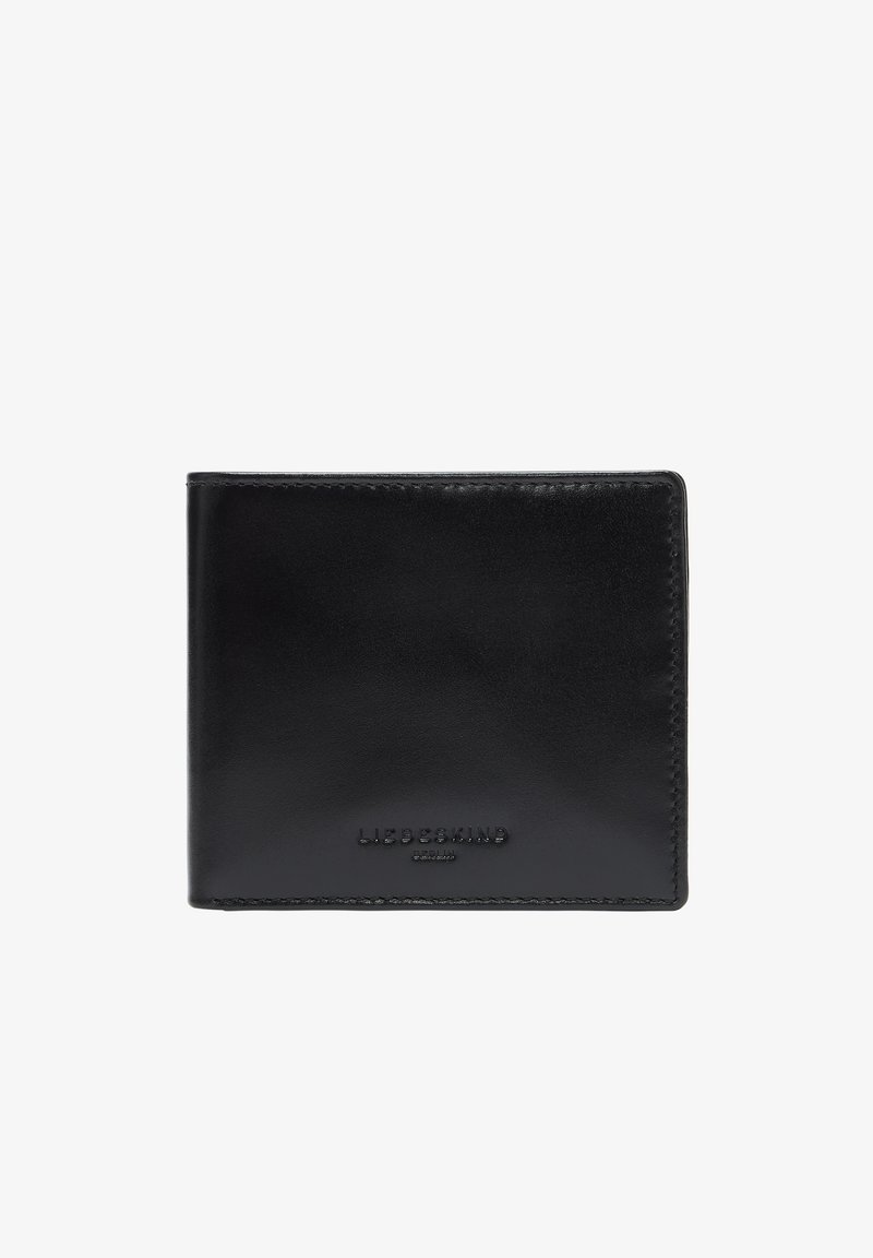 Schwarze Lederbrieftasche mit glatter Textur, Bi-Fold-Design, geprägt auf der Vorderseite mit Logo und sauberer Naht entlang der Kanten.