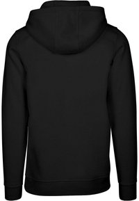 Sort hættetrøje, blanding af bomuld, med lange ærmer, en kangaroo-lomme foran og ribbede manchetter og kant. Glat tekstur, minimalistisk design.