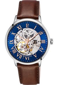 Montre automatique avec un cadran bleu, chiffres romains, boîtier transparent montrant le mouvement, et un bracelet en cuir marron. Boîtier en ton argent.