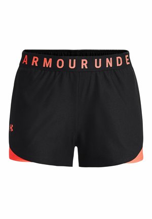 Schwarze Sportshorts mit orangefarbenem Under Armour-Logo am linken Bein und orangem Bundtext mit der Aufschrift "ARMOUR UNDE".