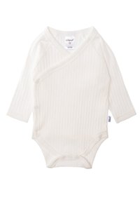 Long-sleeve white ribbed baby bodysuit with a crossover front design, snap closures, and soft texture. Manufacturer label visible at the neckline.