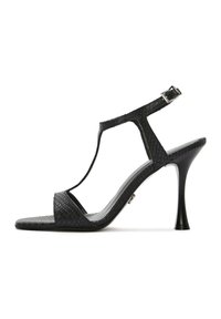 Sandal con tacco alto nero, con texture a motivo rettile, design a T, fibbia in metallo argentato e punta affusolata elegante.