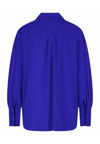 Koninklijk blauwe blouse met een kraag, lange ballonmouwen en knoopsluiting bij de manchetten. Heeft een centrale plooI aan de achterkant. Glad, lichtgewicht stof.