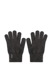 Grå strikkede handsker med ribbede manchetter og fem-finger design. Blød tekstur med en sømløs konstruktion og lille brandlabel på siden.