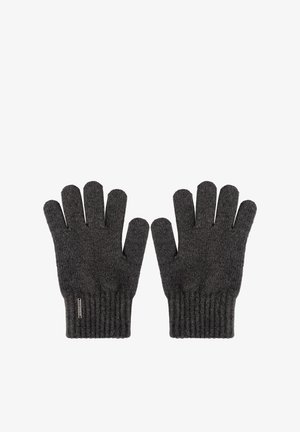Gants en tricot gris avec des poignets côtelés et un design à cinq doigts. Texture douce avec une construction sans couture et une petite étiquette de marque sur le côté.