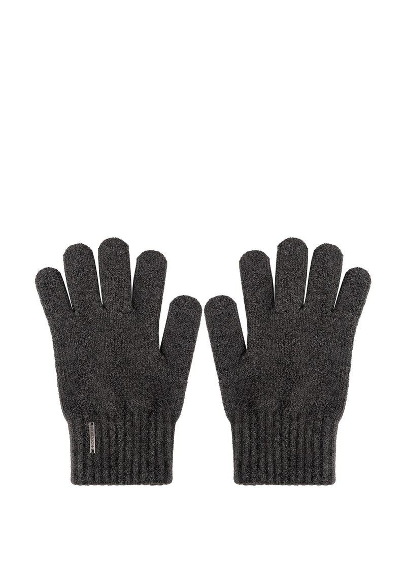 Grå strikkede handsker med ribbede manchetter og fem-finger design. Blød tekstur med en sømløs konstruktion og lille brandlabel på siden.