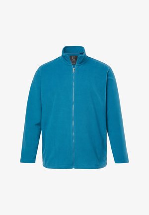 Türkiser Fleece-Jacke mit Stehkragen und durchgehendem Reißverschluss. Lange Ärmel und eine weiche Textur, ohne zusätzliche Muster oder Akzente.