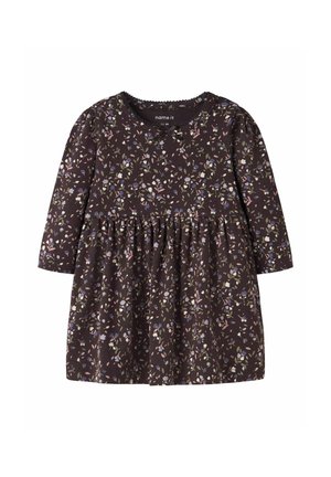 Robe bébé manches longues violet foncé avec imprimé floral petit rose, blanc et vert et taille froncée.