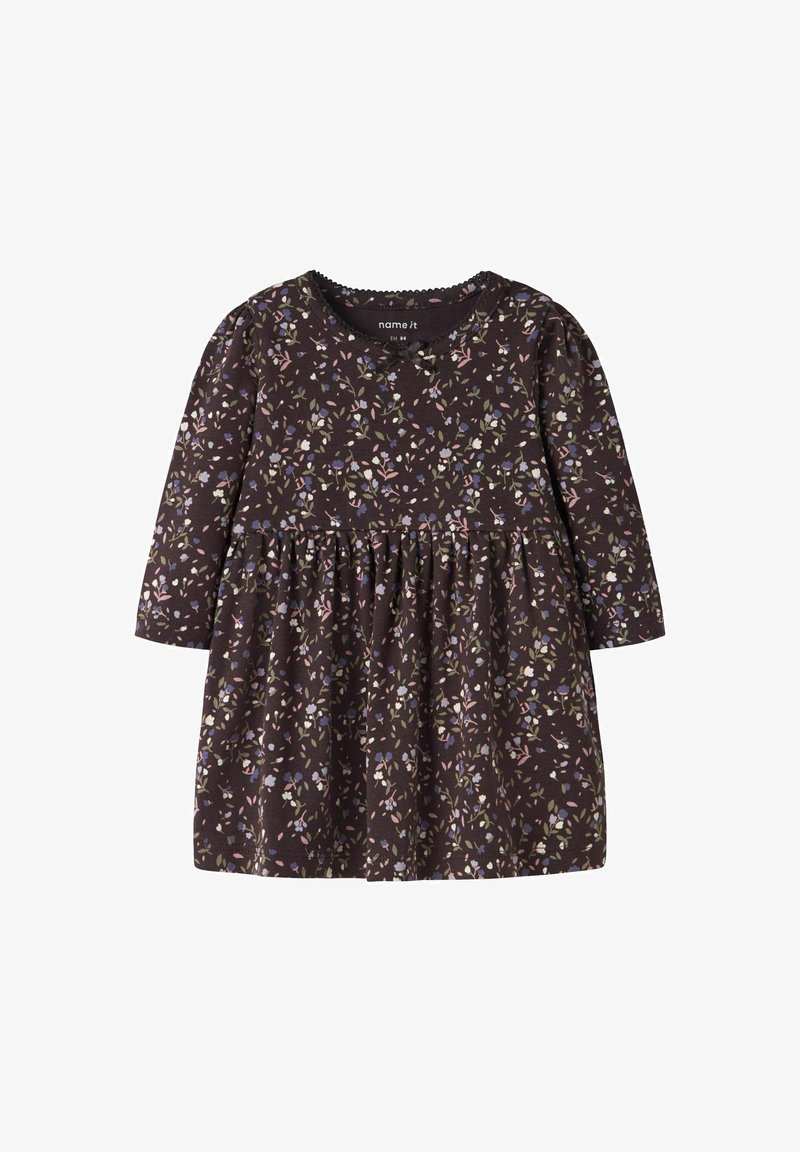 Robe bébé manches longues violet foncé avec imprimé floral petit rose, blanc et vert et taille froncée.