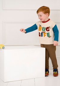 Camiseta beige con letras coloridas que dicen "VIDA DE BICHOS" y diseños de insectos, superpuesta a una camiseta de manga larga en color teal, combinada con pantalones marrones y zapatos multicolores.