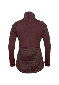 Maroon jacket with high collar, textured sleeves, and ribbed lower section. Features zippers at the sides, creating a functional design.