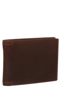 Brown leather bifold wallet with red stitching accents and a smooth texture. Features a subtle logo embossed on one side. Compact design.