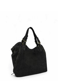 Sac à main en daim noir avec deux poignées courtes, accents zippés et ferrures dorées. Présente un design spacieux avec une texture douce.