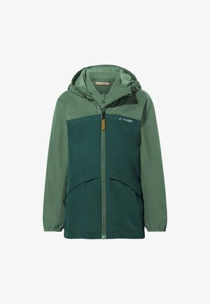 Green lightweight jacket with a hood. Features a zip closure, contrasting sleeves, and a pocket at the front. Made of smooth fabric.