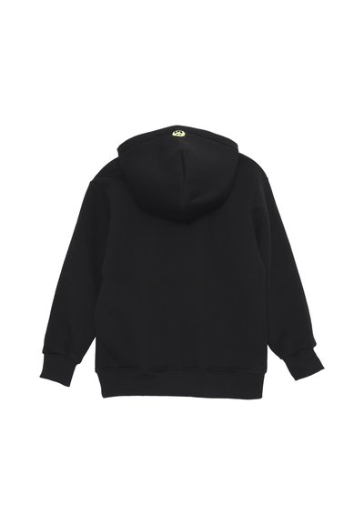 Felpa nera in cotone con cappuccio ampio, polsini e orlo a costine, caratterizzata da un piccolo logo verde sul retro vicino al collo.