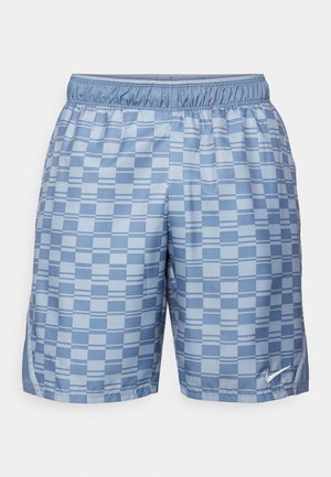 Zili pārbaudīti sporta šorti, izgatavoti no gludas, vieglas auduma ar elastīgu jostasvietu un nelielu baltu Nike logo apakšējā labajā kājā.