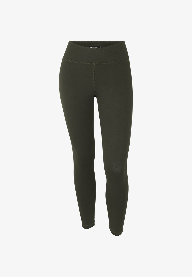 Leggings verde oliva hechos de una tela elástica. Cuentan con una cinturilla ancha y un diseño elegante y ajustado sin costuras visibles.